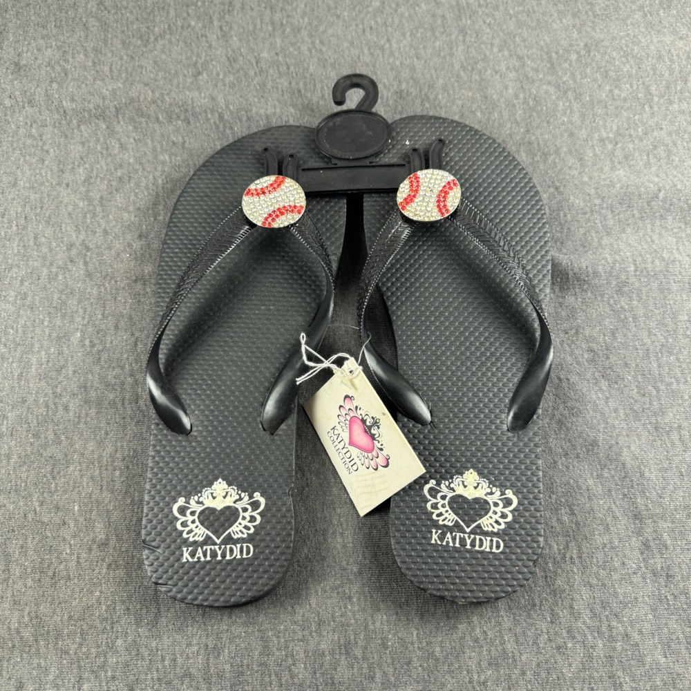 Katydid Collection Baseball Rhinestone Flip Flops Sandals Black Womens M 7/8 NWT